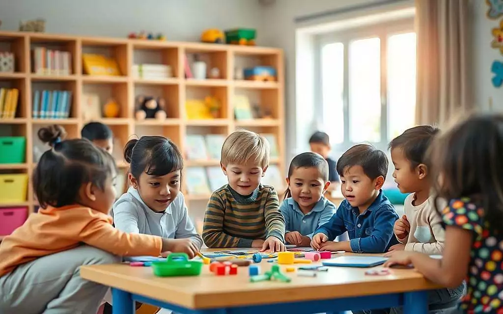 A serene classroom setting, showcasing a diverse group of children interacting with a nurturing teacher in professional attire. In the foreground, the teacher kneels beside a child, guiding them as they work on a collaborative project at a colorful, engaging table filled with educational materials. In the middle ground, other children are seen participating in group discussions, exhibiting expressions of curiosity and joy. The background features a window with soft natural light streaming in, illuminating shelves filled with books and educational toys. The atmosphere is warm and inviting, with vibrant colors creating a sense of community and connection, emphasizing the importance of education in socialization. Shot with a soft focus lens to enhance the emotional warmth of the scene.