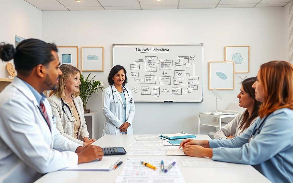 A serene clinical setting showcasing conventional treatment approaches for medication dependence. In the foreground, a diverse group of healthcare professionals, dressed in professional attire, engages in a discussion around a table filled with medical charts and treatment plans. The middle layer features a whiteboard illustrating therapy concepts and medication management strategies, with diagrams and flowcharts that symbolize healing. In the background, a well-lit therapy room with calming colors, plants, and soothing artwork creates a welcoming atmosphere. The lighting is soft and even, reminiscent of a well-organized clinic, with a focus on fostering hope and recovery. The overall mood conveys professionalism and compassion, emphasizing the collaborative effort in treating medication dependency. A serene clinical setting showcasing conventional treatment approaches for medication dependence. In the foreground, a diverse group of healthcare professionals, dressed in professional attire, engages in a discussion around a table filled with medical charts and treatment plans. The middle layer features a whiteboard illustrating therapy concepts and medication management strategies, with diagrams and flowcharts that symbolize healing. In the background, a well-lit therapy room with calming colors, plants, and soothing artwork creates a welcoming atmosphere. The lighting is soft and even, reminiscent of a well-organized clinic, with a focus on fostering hope and recovery. The overall mood conveys professionalism and compassion, emphasizing the collaborative effort in treating medication dependency.