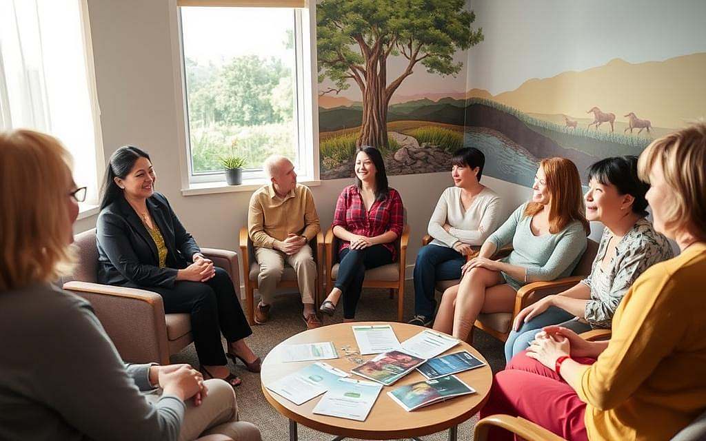 A serene counseling room designed for relapse prevention discussions. In the foreground, a friendly counselor in professional attire sits with a diverse group of individuals, engaged in a supportive conversation. The middle ground features a round table with resources like pamphlets on recovery and coping strategies. Natural light flows in from a window, creating a warm atmosphere that emphasizes hope and connection. The background showcases a calming mural depicting nature scenes, symbolizing growth and healing. The angle is slightly above eye level, capturing the engaged expressions of the participants, while maintaining a focus on the collaborative, safe environment essential for long-term support in overcoming medication dependence. A serene counseling room designed for relapse prevention discussions. In the foreground, a friendly counselor in professional attire sits with a diverse group of individuals, engaged in a supportive conversation. The middle ground features a round table with resources like pamphlets on recovery and coping strategies. Natural light flows in from a window, creating a warm atmosphere that emphasizes hope and connection. The background showcases a calming mural depicting nature scenes, symbolizing growth and healing. The angle is slightly above eye level, capturing the engaged expressions of the participants, while maintaining a focus on the collaborative, safe environment essential for long-term support in overcoming medication dependence.