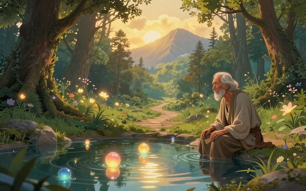 A serene depiction of reincarnation and the soul's journey, set in a peaceful, ethereal landscape. In the foreground, a wise, elderly figure dressed in simple, modest clothing gazes thoughtfully into a shimmering pool of water, reflecting multiple colorful orbs symbolizing past lives. The middle ground features a pathway of light leading through a lush, vibrant forest filled with ancient trees and luminous flowers, suggesting growth and transformation. In the background, a soft, golden light breaks through the clouds, illuminating a distant mountain range that represents spiritual enlightenment. The scene is bathed in warm, gentle lighting, creating a tranquil and reflective atmosphere, inviting viewers to contemplate the deeper mysteries of existence and the journey of the soul. A serene depiction of reincarnation and the soul's journey, set in a peaceful, ethereal landscape. In the foreground, a wise, elderly figure dressed in simple, modest clothing gazes thoughtfully into a shimmering pool of water, reflecting multiple colorful orbs symbolizing past lives. The middle ground features a pathway of light leading through a lush, vibrant forest filled with ancient trees and luminous flowers, suggesting growth and transformation. In the background, a soft, golden light breaks through the clouds, illuminating a distant mountain range that represents spiritual enlightenment. The scene is bathed in warm, gentle lighting, creating a tranquil and reflective atmosphere, inviting viewers to contemplate the deeper mysteries of existence and the journey of the soul.
