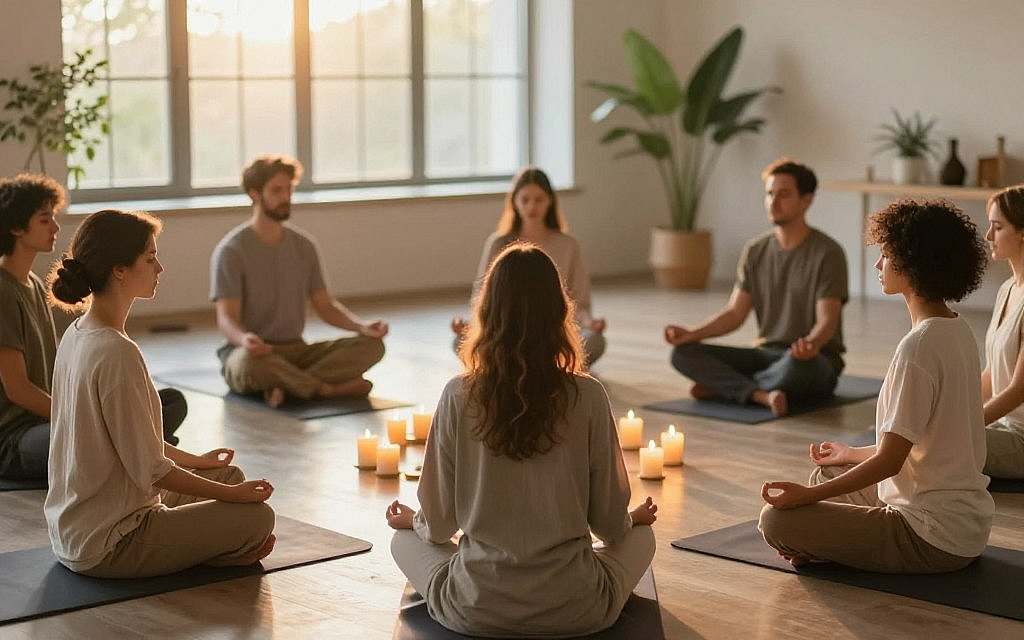 A serene indoor scene illustrating meditation and mindfulness. In the foreground, a diverse group of individuals seated in a circle on soft mats, dressed in modest, comfortable clothing, with peaceful expressions while practicing mindfulness. In the middle ground, softly glowing candles and small potted plants add a touch of natural tranquility, creating an inviting atmosphere. The background features large windows allowing gentle, natural sunlight to filter in, casting a warm golden hue across the space. An air of calmness and introspection permeates the image, evoking a sense of stillness and reflection, ideal for fostering self-discovery. The overall mood is peaceful and harmonious, emphasizing the journey of inner awareness. A serene indoor scene illustrating meditation and mindfulness. In the foreground, a diverse group of individuals seated in a circle on soft mats, dressed in modest, comfortable clothing, with peaceful expressions while practicing mindfulness. In the middle ground, softly glowing candles and small potted plants add a touch of natural tranquility, creating an inviting atmosphere. The background features large windows allowing gentle, natural sunlight to filter in, casting a warm golden hue across the space. An air of calmness and introspection permeates the image, evoking a sense of stillness and reflection, ideal for fostering self-discovery. The overall mood is peaceful and harmonious, emphasizing the journey of inner awareness.