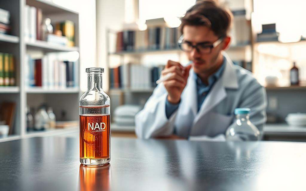 A serene laboratory setting showcasing NAD supplementation and its therapeutic applications. In the foreground, a sleek glass vial filled with a vibrant, glowing liquid representing NAD is elegantly placed on a polished gray countertop. In the middle ground, a researcher in a white lab coat, wearing glasses, is intently examining the vial with a pipette, their expression focused and engaged. The background features shelves lined with scientific books and equipment, softly blurred to ensure the focal point remains on the researcher and the vial. Bright, natural lighting filters in through a large window, creating an inviting atmosphere. The overall mood is one of discovery and innovation, emphasizing a professional approach to health and energy enhancement. A serene laboratory setting showcasing NAD supplementation and its therapeutic applications. In the foreground, a sleek glass vial filled with a vibrant, glowing liquid representing NAD is elegantly placed on a polished gray countertop. In the middle ground, a researcher in a white lab coat, wearing glasses, is intently examining the vial with a pipette, their expression focused and engaged. The background features shelves lined with scientific books and equipment, softly blurred to ensure the focal point remains on the researcher and the vial. Bright, natural lighting filters in through a large window, creating an inviting atmosphere. The overall mood is one of discovery and innovation, emphasizing a professional approach to health and energy enhancement.