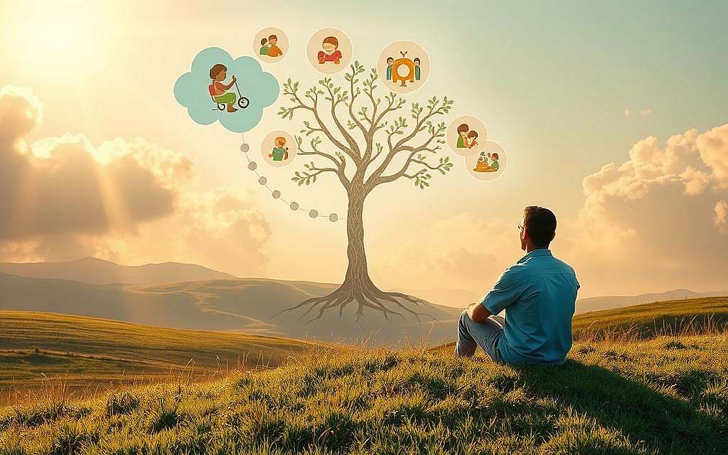A serene landscape illustrating the concept of "childhood programming," featuring a symbolic representation of the mind. In the foreground, a thoughtful figure in modest casual clothing sits on a grassy hill, gazing at the distant horizon. Around them, colorful thought bubbles form, depicting childhood memories—like a playful swing set, a cozy family dinner, and nurturing moments. The middle ground showcases an ethereal tree with intricate roots symbolizing foundational beliefs and experiences. In the background, soft rays of golden light filter through wispy clouds, casting a warm glow over the scene, evoking a sense of tranquility and introspection. The overall atmosphere conveys a deep connection to one's past, inviting reflection and understanding. Capture this image with a soft-focus lens, emphasizing the warmth and clarity of the scene. A serene landscape illustrating the concept of "childhood programming," featuring a symbolic representation of the mind. In the foreground, a thoughtful figure in modest casual clothing sits on a grassy hill, gazing at the distant horizon. Around them, colorful thought bubbles form, depicting childhood memories—like a playful swing set, a cozy family dinner, and nurturing moments. The middle ground showcases an ethereal tree with intricate roots symbolizing foundational beliefs and experiences. In the background, soft rays of golden light filter through wispy clouds, casting a warm glow over the scene, evoking a sense of tranquility and introspection. The overall atmosphere conveys a deep connection to one's past, inviting reflection and understanding. Capture this image with a soft-focus lens, emphasizing the warmth and clarity of the scene.