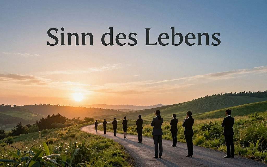A serene landscape showcasing the concept of "Sinn des Lebens." In the foreground, a winding path leads towards a radiant sunrise, symbolizing hope and discovery. Along the path, silhouettes of diverse individuals in professional business attire, engaged in contemplative poses, reflecting the search for meaning in life. In the middle ground, lush greenery and gentle hills represent growth and exploration, with subtle hints of philosophical symbols like a labyrinth or a tree of knowledge. The background features a vast, tranquil sky blending warm oranges and cool blues, evoking a peaceful yet profound atmosphere. Soft, diffused lighting casts an ethereal glow, creating a dreamlike quality that resonates with the themes of existence and consciousness. The composition is framed from a slightly elevated angle, inviting the viewer into this journey of introspection and understanding. A serene landscape showcasing the concept of "Sinn des Lebens." In the foreground, a winding path leads towards a radiant sunrise, symbolizing hope and discovery. Along the path, silhouettes of diverse individuals in professional business attire, engaged in contemplative poses, reflecting the search for meaning in life. In the middle ground, lush greenery and gentle hills represent growth and exploration, with subtle hints of philosophical symbols like a labyrinth or a tree of knowledge. The background features a vast, tranquil sky blending warm oranges and cool blues, evoking a peaceful yet profound atmosphere. Soft, diffused lighting casts an ethereal glow, creating a dreamlike quality that resonates with the themes of existence and consciousness. The composition is framed from a slightly elevated angle, inviting the viewer into this journey of introspection and understanding.