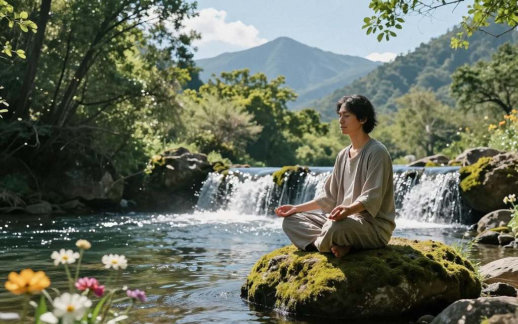 A serene meditation scene depicting a person in a state of deep contemplation, seated on a tranquil, moss-covered rock near a gentle waterfall. The individual is dressed in modest, casual clothing, with a calm expression, embodying a sense of peace and connection to nature. In the foreground, delicate flowers bloom, adding vibrant colors that contrast with the soothing greens of the foliage. The middle ground features the soft flow of water, reflecting the dappled sunlight filtering through the trees. In the background, majestic mountains rise under a clear blue sky, symbolizing the vastness of existence. The overall atmosphere is one of spiritual tranquility, with soft, natural lighting that enhances the sense of harmony and introspection. A serene meditation scene depicting a person in a state of deep contemplation, seated on a tranquil, moss-covered rock near a gentle waterfall. The individual is dressed in modest, casual clothing, with a calm expression, embodying a sense of peace and connection to nature. In the foreground, delicate flowers bloom, adding vibrant colors that contrast with the soothing greens of the foliage. The middle ground features the soft flow of water, reflecting the dappled sunlight filtering through the trees. In the background, majestic mountains rise under a clear blue sky, symbolizing the vastness of existence. The overall atmosphere is one of spiritual tranquility, with soft, natural lighting that enhances the sense of harmony and introspection.