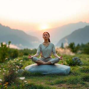 A serene meditation scene set in a tranquil natural landscape. In the foreground, a person dressed in simple, modest clothing sits cross-legged on a smooth stone, eyes closed, embodying peace and focus. Their presence radiates a gentle aura; soft golden light surrounds them, symbolizing enlightenment. In the middle ground, vibrant greenery and blooming wildflowers create a harmonious connection with nature. A subtle mist rises, enhancing the atmosphere of spirituality and introspection. In the background, majestic mountains bathed in soft morning light evoke a sense of vastness and higher consciousness. The sky is painted with pastel hues of dawn, casting a calm, ethereal glow throughout the scene. The overall mood is tranquil and reflective, inviting viewers to contemplate the journey towards higher awareness.