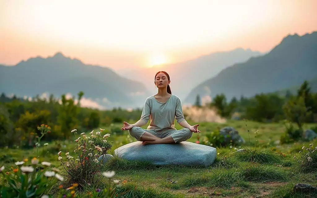 A serene meditation scene set in a tranquil natural landscape. In the foreground, a person dressed in simple, modest clothing sits cross-legged on a smooth stone, eyes closed, embodying peace and focus. Their presence radiates a gentle aura; soft golden light surrounds them, symbolizing enlightenment. In the middle ground, vibrant greenery and blooming wildflowers create a harmonious connection with nature. A subtle mist rises, enhancing the atmosphere of spirituality and introspection. In the background, majestic mountains bathed in soft morning light evoke a sense of vastness and higher consciousness. The sky is painted with pastel hues of dawn, casting a calm, ethereal glow throughout the scene. The overall mood is tranquil and reflective, inviting viewers to contemplate the journey towards higher awareness.