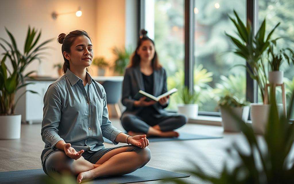 A serene office environment featuring a diverse group of professionals in business attire, engaged in contemplative stress management techniques. In the foreground, a person practices mindfulness with closed eyes, seated cross-legged on a yoga mat, emanating calmness. In the middle, another individual, focused and poised, is journaling about stress management, surrounded by calming plants and soft lighting. The background showcases a large window letting in natural light, with a view of a peaceful garden, symbolizing tranquility. The mood is serene and empowering, emphasizing the journey towards stress resilience. Soft, warm light bathes the scene, creating an inviting atmosphere, with a shallow depth of field to draw focus to the individuals participating in these positive practices. A serene office environment featuring a diverse group of professionals in business attire, engaged in contemplative stress management techniques. In the foreground, a person practices mindfulness with closed eyes, seated cross-legged on a yoga mat, emanating calmness. In the middle, another individual, focused and poised, is journaling about stress management, surrounded by calming plants and soft lighting. The background showcases a large window letting in natural light, with a view of a peaceful garden, symbolizing tranquility. The mood is serene and empowering, emphasizing the journey towards stress resilience. Soft, warm light bathes the scene, creating an inviting atmosphere, with a shallow depth of field to draw focus to the individuals participating in these positive practices.