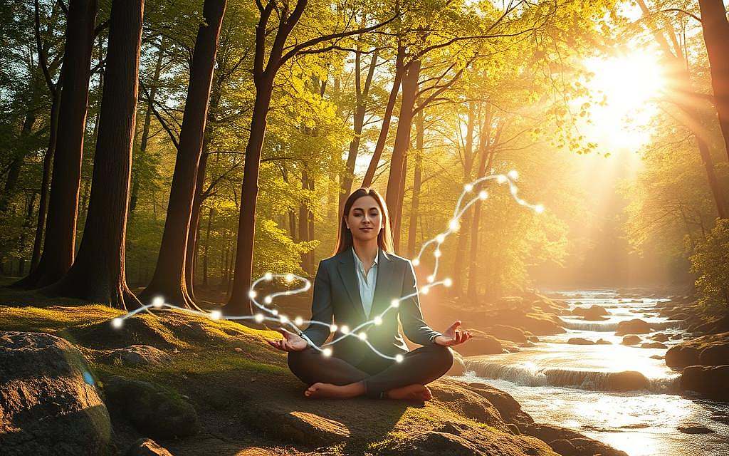 A serene scene illustrating "Selbstheilung" that conveys the concept of self-healing and inner intelligence. In the foreground, a figure in professional business attire, exuding calm confidence, sits in a meditative pose, surrounded by a soft glow. In the middle ground, ethereal light patterns represent energy flowing through invisible pathways, symbolizing cellular intelligence. In the background, a lush, vibrant nature scene with tall trees and flowing water creates a harmonious atmosphere, bathed in warm golden sunlight filtering through leaves. The mood is tranquil and uplifting, evoking a sense of empowerment and connection to nature. The perspective should be slightly elevated, capturing both the figure and the radiant surroundings in a balanced composition. A serene scene illustrating "Selbstheilung" that conveys the concept of self-healing and inner intelligence. In the foreground, a figure in professional business attire, exuding calm confidence, sits in a meditative pose, surrounded by a soft glow. In the middle ground, ethereal light patterns represent energy flowing through invisible pathways, symbolizing cellular intelligence. In the background, a lush, vibrant nature scene with tall trees and flowing water creates a harmonious atmosphere, bathed in warm golden sunlight filtering through leaves. The mood is tranquil and uplifting, evoking a sense of empowerment and connection to nature. The perspective should be slightly elevated, capturing both the figure and the radiant surroundings in a balanced composition.