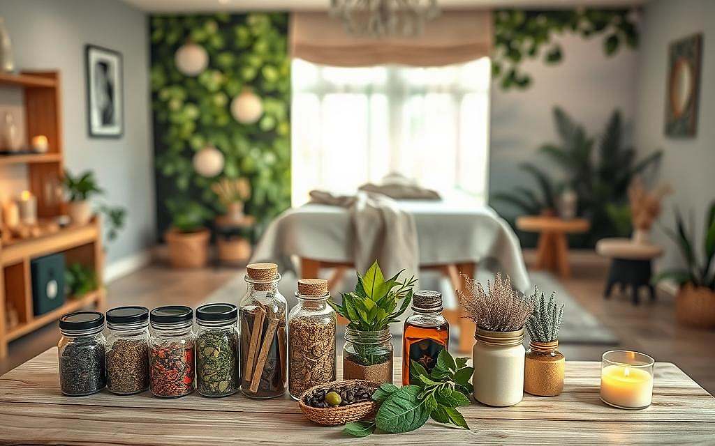 A serene therapy room designed for alternative healing methods, featuring a well-organized herbal remedy station in the foreground, with various jars of herbs and essential oils. In the middle, a comfortable massage table draped with soft, natural fabrics, and calming elements like candles and plants surrounding it. The background showcases gentle sunlight filtering through a large window, illuminating a peaceful, nature-inspired wall mural. The atmosphere is tranquil and inviting, designed to promote healing and wellness. The room should be arranged in a way that conveys a sense of professionalism and comforting therapy. Utilize soft, warm lighting for an inviting feel, with a slight depth of field focusing on the herbal remedies, conveying a holistic approach to health. A serene therapy room designed for alternative healing methods, featuring a well-organized herbal remedy station in the foreground, with various jars of herbs and essential oils. In the middle, a comfortable massage table draped with soft, natural fabrics, and calming elements like candles and plants surrounding it. The background showcases gentle sunlight filtering through a large window, illuminating a peaceful, nature-inspired wall mural. The atmosphere is tranquil and inviting, designed to promote healing and wellness. The room should be arranged in a way that conveys a sense of professionalism and comforting therapy. Utilize soft, warm lighting for an inviting feel, with a slight depth of field focusing on the herbal remedies, conveying a holistic approach to health.