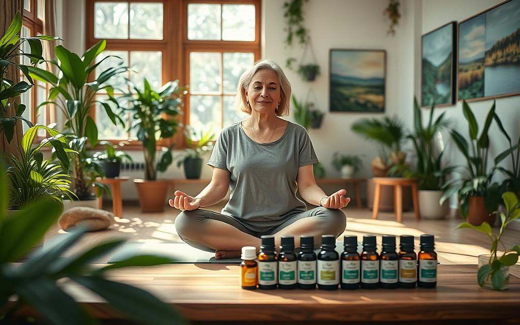 A serene therapy room filled with plants and natural light streaming through large windows. In the foreground, a middle-aged woman in modest casual clothing sits cross-legged on a yoga mat, meditating, with a soft smile reflecting calmness. In the middle ground, an assortment of herbal remedies and essential oils are displayed on a wooden table, symbolizing complementary medicine. The background includes calming artwork on the walls, depicting peaceful nature scenes. The lighting is warm and inviting, creating a tranquil atmosphere that encourages healing and support. The composition is slightly angled to capture the depth of the room, emphasizing a sense of refuge and wellness. A serene therapy room filled with plants and natural light streaming through large windows. In the foreground, a middle-aged woman in modest casual clothing sits cross-legged on a yoga mat, meditating, with a soft smile reflecting calmness. In the middle ground, an assortment of herbal remedies and essential oils are displayed on a wooden table, symbolizing complementary medicine. The background includes calming artwork on the walls, depicting peaceful nature scenes. The lighting is warm and inviting, creating a tranquil atmosphere that encourages healing and support. The composition is slightly angled to capture the depth of the room, emphasizing a sense of refuge and wellness.