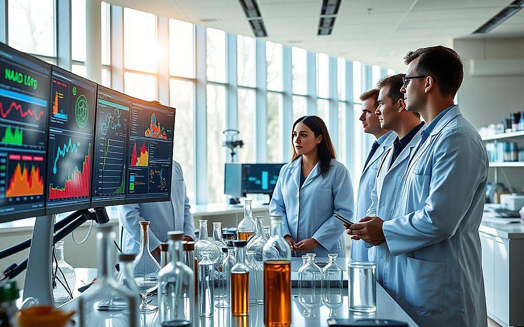 A sleek, modern laboratory setting showcasing the latest research on NAD coenzymes. In the foreground, a group of three diverse scientists, dressed in professional lab coats, are intently analyzing data on digital screens filled with colorful graphs and molecular structures. In the middle, a high-tech lab bench displays glassware, pipettes, and samples related to NAD. The background features large windows with sunlight streaming in, casting dynamic shadows. The atmosphere is vibrant and innovative, conveying a sense of discovery and hope. The lighting is bright but soft, emphasizing the energy of scientific exploration. The focus should be sharp, with a wide-angle view that captures both the researchers and the advanced technologies around them. A sleek, modern laboratory setting showcasing the latest research on NAD coenzymes. In the foreground, a group of three diverse scientists, dressed in professional lab coats, are intently analyzing data on digital screens filled with colorful graphs and molecular structures. In the middle, a high-tech lab bench displays glassware, pipettes, and samples related to NAD. The background features large windows with sunlight streaming in, casting dynamic shadows. The atmosphere is vibrant and innovative, conveying a sense of discovery and hope. The lighting is bright but soft, emphasizing the energy of scientific exploration. The focus should be sharp, with a wide-angle view that captures both the researchers and the advanced technologies around them.