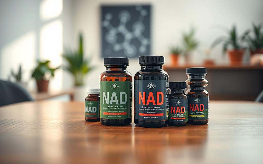 A sleek, modern setup showcasing a variety of NAD supplements elegantly arranged on a polished wooden table in the foreground. Highlight a few bottles, emphasizing their vibrant labels that hint at health and vitality. In the middle ground, a neatly organized health-conscious environment with natural plants and a hint of scientific elements like a molecular structure diagram subtly in the background. Soft, warm lighting enhances the mood, creating an inviting atmosphere conducive to well-being. A shallow depth of field focuses sharply on the supplements while gently blurring the background, conveying a sense of serenity and professionalism. The angle should be slightly elevated to capture both the products and the tranquil setting. A sleek, modern setup showcasing a variety of NAD supplements elegantly arranged on a polished wooden table in the foreground. Highlight a few bottles, emphasizing their vibrant labels that hint at health and vitality. In the middle ground, a neatly organized health-conscious environment with natural plants and a hint of scientific elements like a molecular structure diagram subtly in the background. Soft, warm lighting enhances the mood, creating an inviting atmosphere conducive to well-being. A shallow depth of field focuses sharply on the supplements while gently blurring the background, conveying a sense of serenity and professionalism. The angle should be slightly elevated to capture both the products and the tranquil setting.