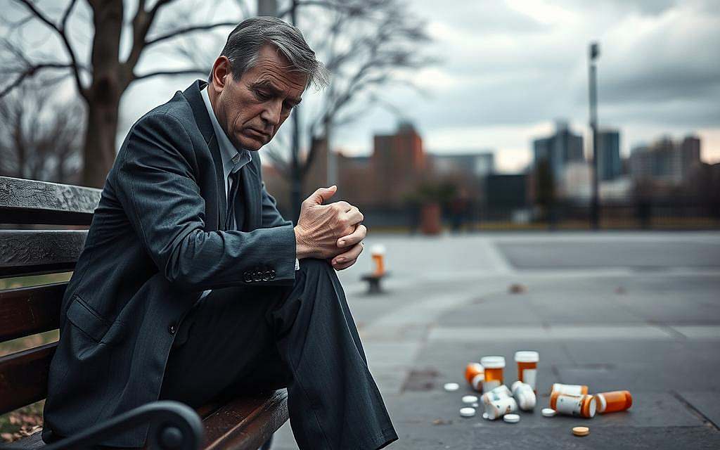 A somber, reflective scene illustrating the impact of medication addiction. In the foreground, a middle-aged person in modest business attire sits on a park bench, their face showing signs of fatigue and worry, with hands clasped tightly. In the middle ground, there are scattered prescription bottles and empty pill packets, symbolizing the struggle. The background features a blurred urban landscape, evoking a sense of isolation, while a cloudy sky casts soft, diffused light, enhancing the mood of despair and contemplation. The camera angle is slightly low, emphasizing the individual’s vulnerability. The overall atmosphere conveys the emotional weight and societal impact of medication dependency, with a focus on the human experience and consequences. A somber, reflective scene illustrating the impact of medication addiction. In the foreground, a middle-aged person in modest business attire sits on a park bench, their face showing signs of fatigue and worry, with hands clasped tightly. In the middle ground, there are scattered prescription bottles and empty pill packets, symbolizing the struggle. The background features a blurred urban landscape, evoking a sense of isolation, while a cloudy sky casts soft, diffused light, enhancing the mood of despair and contemplation. The camera angle is slightly low, emphasizing the individual’s vulnerability. The overall atmosphere conveys the emotional weight and societal impact of medication dependency, with a focus on the human experience and consequences.