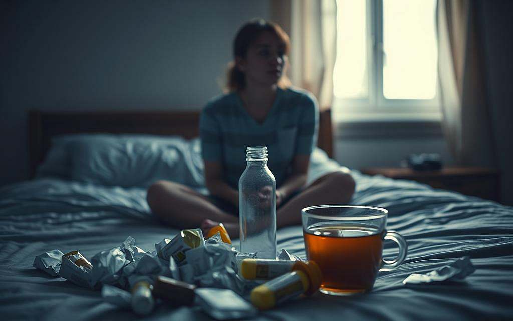 A somber, yet hopeful depiction of the withdrawal symptoms and detoxification process associated with medication dependence. In the foreground, a person in modest casual clothing sits on a bed, looking contemplative, surrounded by crumpled medication packaging to symbolize struggle. The middle layer features a soft-focus water bottle and herbal tea on a nightstand, suggesting a path to recovery. The background shows a dimly lit room, with gentle light filtering through a window, casting elongated shadows. The overall atmosphere is one of introspection and resilience, emphasizing the challenging journey of overcoming addiction, with a color palette of muted blues and warm earth tones to evoke a sense of both struggle and healing. A somber, yet hopeful depiction of the withdrawal symptoms and detoxification process associated with medication dependence. In the foreground, a person in modest casual clothing sits on a bed, looking contemplative, surrounded by crumpled medication packaging to symbolize struggle. The middle layer features a soft-focus water bottle and herbal tea on a nightstand, suggesting a path to recovery. The background shows a dimly lit room, with gentle light filtering through a window, casting elongated shadows. The overall atmosphere is one of introspection and resilience, emphasizing the challenging journey of overcoming addiction, with a color palette of muted blues and warm earth tones to evoke a sense of both struggle and healing.