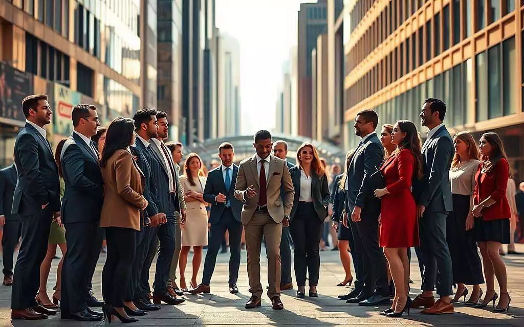 A striking visual representation of "Collectivism versus Individualism," featuring two contrasting groups engaged in dynamic interaction. In the foreground, a diverse group of individuals, dressed in professional business attire, embodies individualism, confidently expressing their unique styles and ideas. Their poses should convey independence and self-expression. In the middle ground, a larger group in cohesive, uniform attire represents collectivism, working collaboratively, with synchronized movements suggesting unity and shared goals. The background should depict a bustling urban environment, symbolizing society and the collective experience. Use warm, natural lighting to create an inviting atmosphere, highlighting the contrasts between the two concepts. Capture the scene from a slightly elevated angle to emphasize the interplay between individualism and collectivism, fostering a thought-provoking mood that invites contemplation.
