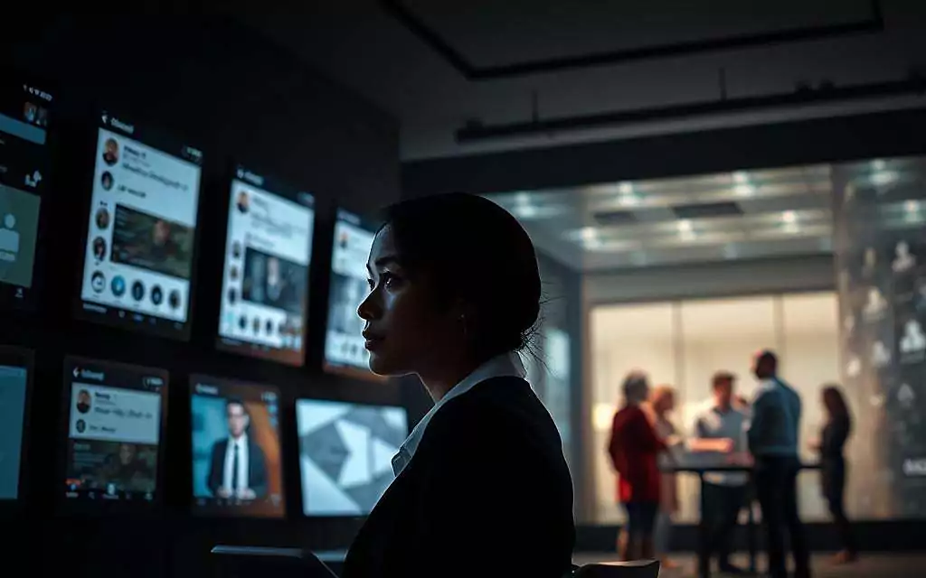 A striking visual representation of "Digitalization and Social Isolation," featuring a woman in modern business attire, sitting alone in a dimly lit room, bathed in the glow of multiple screens displaying social media feeds and notifications. In the foreground, the woman exhibits a pensive expression, her face illuminated by the screens' light, symbolizing the dichotomy of connection and solitude. In the middle ground, a contrasting image of a group of people engaged in face-to-face conversation in a bright, open space, illustrating social interaction and community. In the background, a subtle haze of abstract digital patterns conveys the pervasive nature of technology. The scene should evoke a contemplative mood, highlighting the challenges of modern society on social consciousness, using soft lighting and a slightly blurred depth of field to enhance focus on the woman.