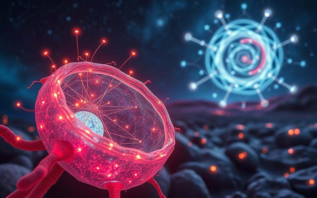 A surreal depiction of "Quantum Biology" that illustrates the energy-matter connection. In the foreground, visualize a stylized cell with intricate, shimmering membranes, showcasing vibrant, bioluminescent structures emanating energy. In the middle ground, abstract representations of quantum particles, like electrons and photons, orbit around the cell, depicted in dynamic, swirling patterns of light and color. The background features a cosmic landscape, with deep blues and purples, dotted with star-like energy sources symbolizing the interconnection of all matter. Use soft, ethereal lighting that highlights the glowing elements, and employ a wide-angle lens perspective to create depth. The mood should be awe-inspiring and mystical, emphasizing the convergence of biology and quantum physics without any human figures or text. A surreal depiction of "Quantum Biology" that illustrates the energy-matter connection. In the foreground, visualize a stylized cell with intricate, shimmering membranes, showcasing vibrant, bioluminescent structures emanating energy. In the middle ground, abstract representations of quantum particles, like electrons and photons, orbit around the cell, depicted in dynamic, swirling patterns of light and color. The background features a cosmic landscape, with deep blues and purples, dotted with star-like energy sources symbolizing the interconnection of all matter. Use soft, ethereal lighting that highlights the glowing elements, and employ a wide-angle lens perspective to create depth. The mood should be awe-inspiring and mystical, emphasizing the convergence of biology and quantum physics without any human figures or text.