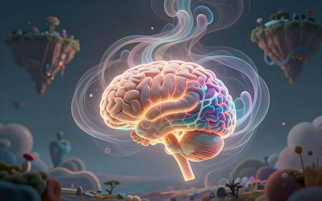 A surreal representation of consciousness, featuring a luminous brain at the forefront, intricately detailed with neural connections glowing in a spectrum of colors. Surrounding the brain is an ethereal swirl of translucent shapes representing thoughts and emotions, intertwining and ascending in soft waves. In the background, a dreamlike landscape with floating islands and abstract forms symbolizes the depths of the mind, bathed in soft, ambient light. The scene is illuminated with a gentle diffusion, enhancing the feeling of mystery and exploration. A low-angle perspective adds grandeur to the composition, inviting viewers to look up and contemplate the puzzle of existence. The overall mood is introspective and thought-provoking, blending elements of tranquility and wonder. A surreal representation of consciousness, featuring a luminous brain at the forefront, intricately detailed with neural connections glowing in a spectrum of colors. Surrounding the brain is an ethereal swirl of translucent shapes representing thoughts and emotions, intertwining and ascending in soft waves. In the background, a dreamlike landscape with floating islands and abstract forms symbolizes the depths of the mind, bathed in soft, ambient light. The scene is illuminated with a gentle diffusion, enhancing the feeling of mystery and exploration. A low-angle perspective adds grandeur to the composition, inviting viewers to look up and contemplate the puzzle of existence. The overall mood is introspective and thought-provoking, blending elements of tranquility and wonder.