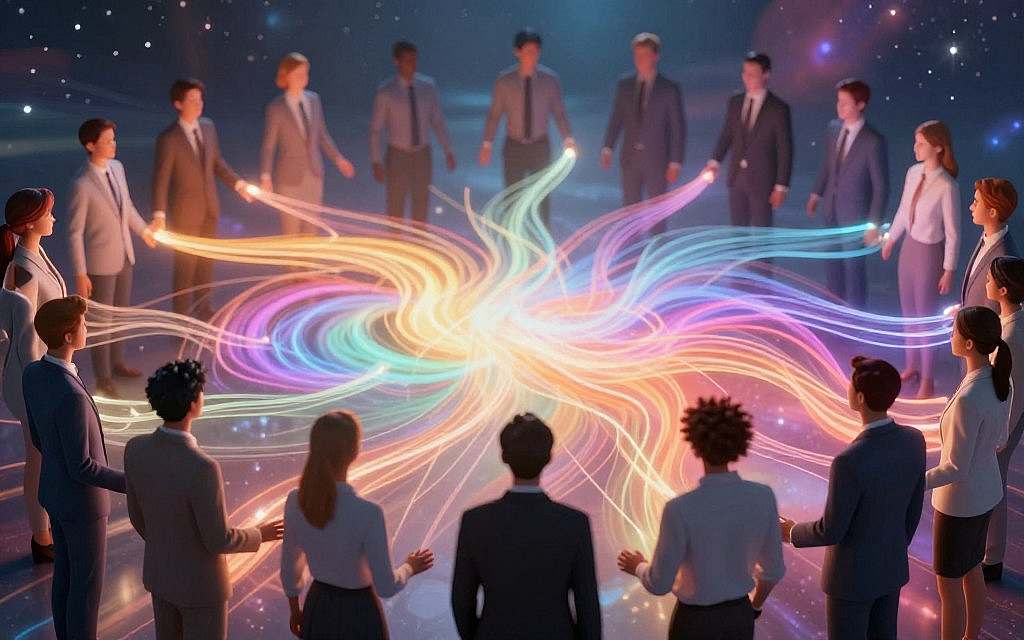 A surreal visualization of "collective consciousness" depicted through interconnected human silhouettes in a vibrant, flowing network of light and energy. In the foreground, diverse figures dressed in professional business attire, with their hands gently touching, symbolizing unity and connection. The middle ground features swirling patterns of colors representing thoughts and ideas merging together, while ethereal lines flow between the figures, illustrating the concept of shared awareness. The background fades into a serene, starry cosmos, adding depth and a sense of universal connection. Soft, ambient lighting highlights the textures and creates a warm, inviting atmosphere. Shot from a slightly elevated angle to emphasize the interconnectedness among the figures, evoking a mood of harmony and collective exploration. A surreal visualization of "collective consciousness" depicted through interconnected human silhouettes in a vibrant, flowing network of light and energy. In the foreground, diverse figures dressed in professional business attire, with their hands gently touching, symbolizing unity and connection. The middle ground features swirling patterns of colors representing thoughts and ideas merging together, while ethereal lines flow between the figures, illustrating the concept of shared awareness. The background fades into a serene, starry cosmos, adding depth and a sense of universal connection. Soft, ambient lighting highlights the textures and creates a warm, inviting atmosphere. Shot from a slightly elevated angle to emphasize the interconnectedness among the figures, evoking a mood of harmony and collective exploration.