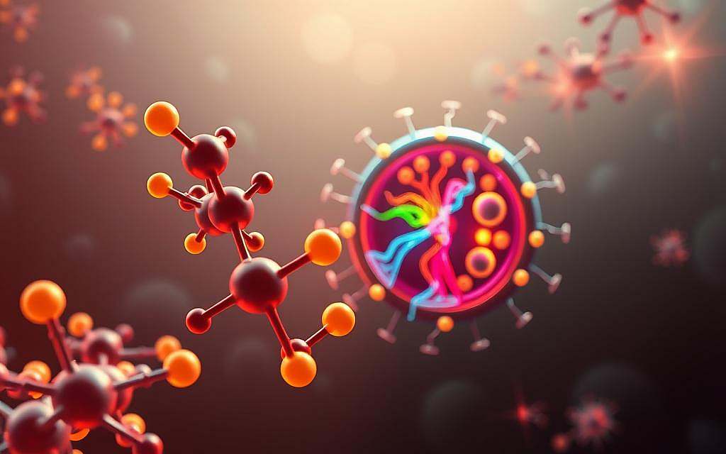 A vibrant and educational illustration of the role of NAD in cellular respiration. In the foreground, a stylized representation of NAD molecules in a dynamic, glowing form, highlighting their importance in energy production. In the middle ground, depict a stylized mitochondrion, showcasing its inner workings with colorful, illuminated pathways representing electron transport and ATP synthesis. The background should feature a soft gradient with faint outlines of cellular structures, creating a sense of depth and context. Use bright, warm lighting to evoke a sense of energy and vitality, with a slight lens flare effect to enhance the mood. The overall atmosphere should be inspiring and scientifically informative, inviting the viewer into the intricate processes of life at a cellular level. A vibrant and educational illustration of the role of NAD in cellular respiration. In the foreground, a stylized representation of NAD molecules in a dynamic, glowing form, highlighting their importance in energy production. In the middle ground, depict a stylized mitochondrion, showcasing its inner workings with colorful, illuminated pathways representing electron transport and ATP synthesis. The background should feature a soft gradient with faint outlines of cellular structures, creating a sense of depth and context. Use bright, warm lighting to evoke a sense of energy and vitality, with a slight lens flare effect to enhance the mood. The overall atmosphere should be inspiring and scientifically informative, inviting the viewer into the intricate processes of life at a cellular level.