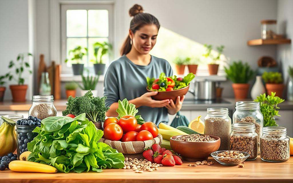 A vibrant, healthy kitchen scene illustrating optimal nutrition for enhancing NAD production. In the foreground, a wooden table is laden with fresh foods: bright green leafy vegetables, colorful fruits like blueberries and strawberries, whole grains in glass jars, and a bowl of nuts. In the middle, a person, dressed in modest casual clothing, is preparing a colorful salad, showcasing their focused expression and intention towards healthy eating. The background features soft, natural light streaming through a window, illuminating the kitchen with a warm glow. Potted herbs are arranged on the windowsill, adding a touch of life and freshness. The atmosphere is invigorating and wholesome, symbolizing energy and health. A vibrant, healthy kitchen scene illustrating optimal nutrition for enhancing NAD production. In the foreground, a wooden table is laden with fresh foods: bright green leafy vegetables, colorful fruits like blueberries and strawberries, whole grains in glass jars, and a bowl of nuts. In the middle, a person, dressed in modest casual clothing, is preparing a colorful salad, showcasing their focused expression and intention towards healthy eating. The background features soft, natural light streaming through a window, illuminating the kitchen with a warm glow. Potted herbs are arranged on the windowsill, adding a touch of life and freshness. The atmosphere is invigorating and wholesome, symbolizing energy and health.