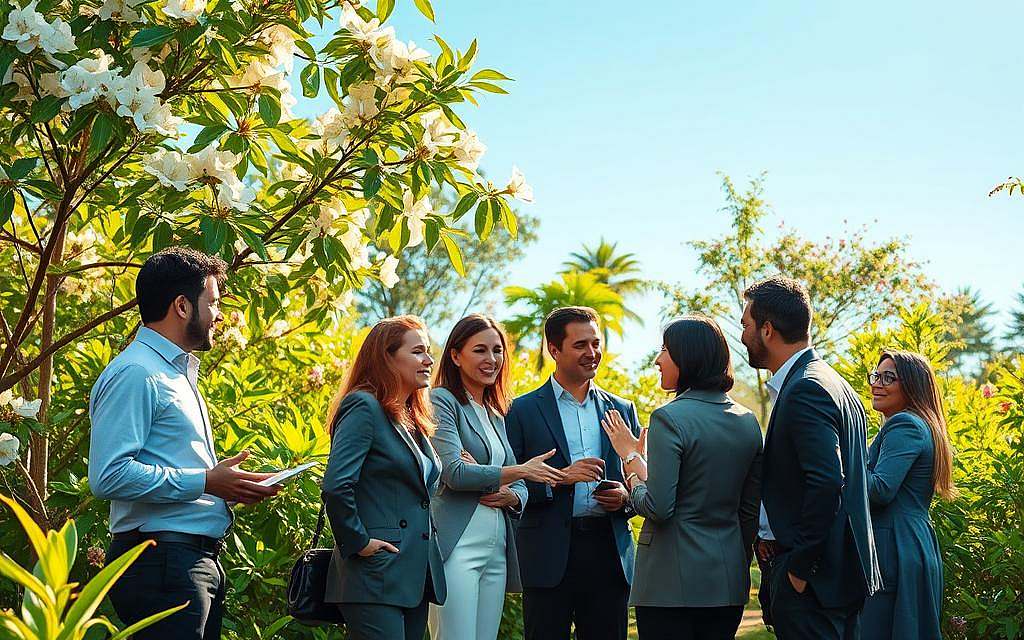 A vibrant scene depicting "Spontane Evolution," set in a lush, verdant landscape that symbolizes growth and interconnectedness. In the foreground, a diverse group of individuals in professional business attire are engaged in deep conversation, sharing ideas with enthusiasm and collaboration. The middle ground features blooming plants and trees that represent flourishing insights and creativity, while gentle rays of sunlight filter through the leaves, creating a warm, inviting atmosphere. The background displays a clear blue sky, symbolizing hope and the limitless potential of a positive future. The lighting is soft, evoking a sense of optimism and enlightenment, captured with a balanced angle that showcases both the human interaction and the natural beauty surrounding them. A vibrant scene depicting "Spontane Evolution," set in a lush, verdant landscape that symbolizes growth and interconnectedness. In the foreground, a diverse group of individuals in professional business attire are engaged in deep conversation, sharing ideas with enthusiasm and collaboration. The middle ground features blooming plants and trees that represent flourishing insights and creativity, while gentle rays of sunlight filter through the leaves, creating a warm, inviting atmosphere. The background displays a clear blue sky, symbolizing hope and the limitless potential of a positive future. The lighting is soft, evoking a sense of optimism and enlightenment, captured with a balanced angle that showcases both the human interaction and the natural beauty surrounding them.