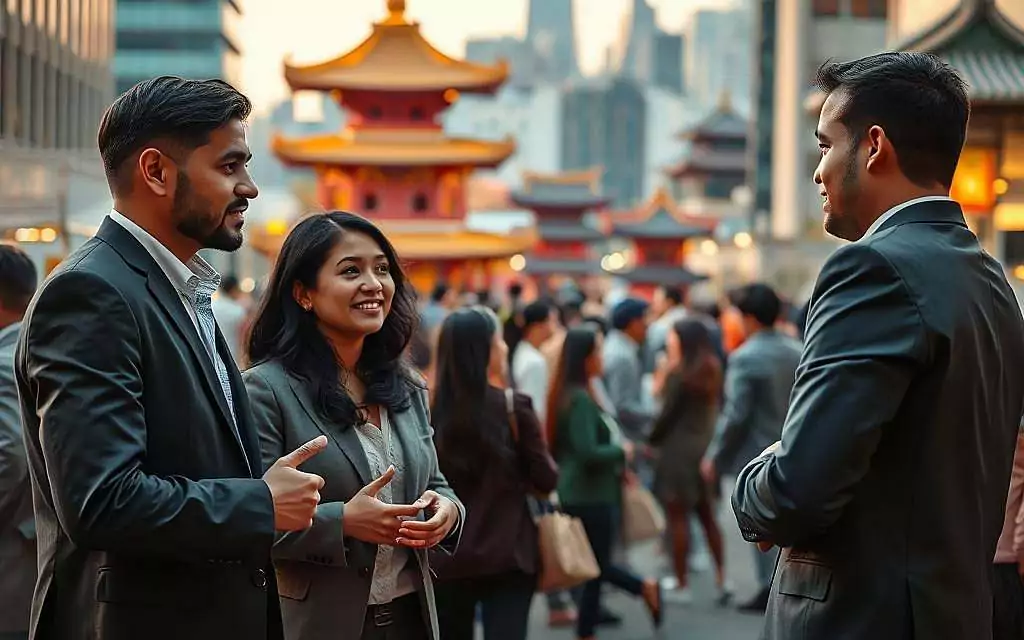 A vibrant scene illustrating "Cultural Influences on Social Behavior," featuring a diverse group of individuals from various cultural backgrounds engaged in a lively discussion in a modern urban setting. In the foreground, three professionals in business attire thoughtfully interact, sharing ideas, their expressions reflecting curiosity and enthusiasm. The middle ground showcases more people participating in group activities, such as a cultural exchange or community event, promoting collaboration and understanding. In the background, a cityscape with cultural symbols—like traditional architecture and art—sets the context, bathed in warm, ambient lighting to evoke a sense of connection and harmony. The image captures a mood of inclusivity and collective engagement, emphasizing the significant role culture plays in shaping consciousness and social interactions.