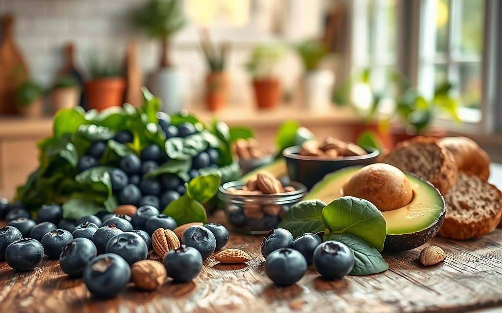 A visually appealing display of natural NAD-rich foods arranged artistically on a rustic wooden table. In the foreground, showcase vibrant blueberries, avocados, and spinach, glistening with moisture, reflecting the fresh quality. In the middle ground, include a small bowl of almonds and a few slices of whole grain bread for added texture. In the background, softly blurred, display a sunlit kitchen with potted herbs and a gentle breeze flowing through an open window, creating a bright and inviting atmosphere. Use warm, natural lighting to enhance the colors, captured as a high-resolution close-up shot. The mood should evoke health, vitality, and the wholesome nature of foods that support energy and wellness. A visually appealing display of natural NAD-rich foods arranged artistically on a rustic wooden table. In the foreground, showcase vibrant blueberries, avocados, and spinach, glistening with moisture, reflecting the fresh quality. In the middle ground, include a small bowl of almonds and a few slices of whole grain bread for added texture. In the background, softly blurred, display a sunlit kitchen with potted herbs and a gentle breeze flowing through an open window, creating a bright and inviting atmosphere. Use warm, natural lighting to enhance the colors, captured as a high-resolution close-up shot. The mood should evoke health, vitality, and the wholesome nature of foods that support energy and wellness.