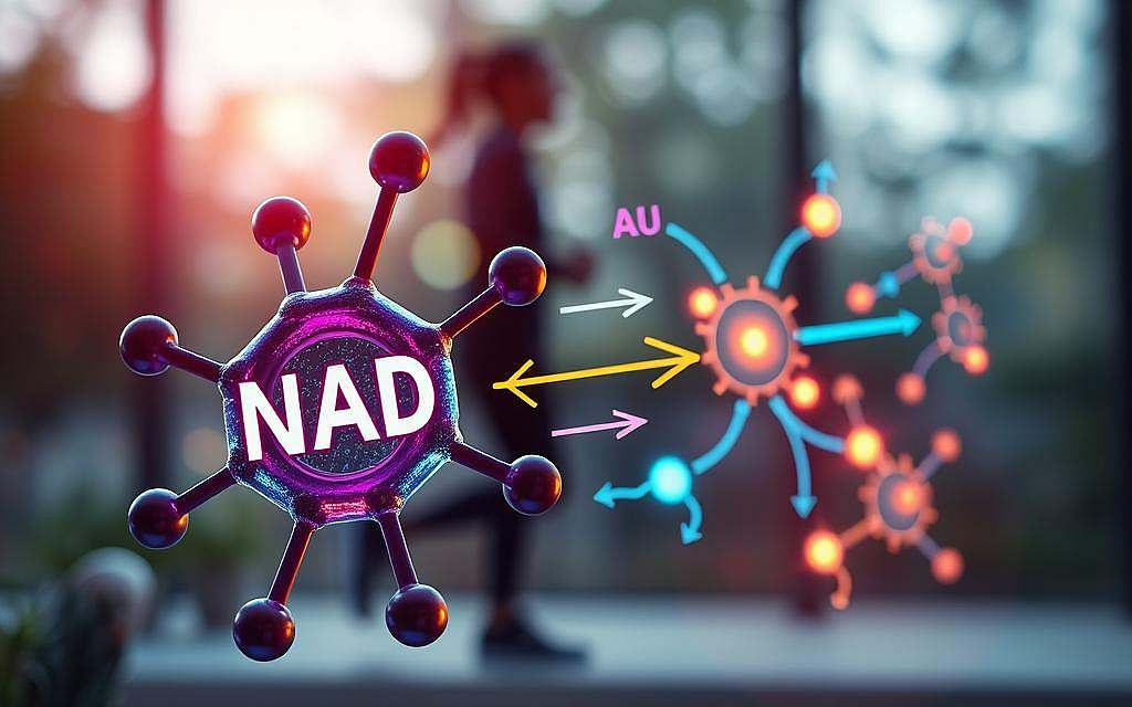 A visually captivating scientific illustration of NAD (Nicotinamide Adenine Dinucleotide) playing a crucial role in redox reactions. In the foreground, depict a large, stylized NAD molecule with its molecular structure clearly visible, highlighting the electron transfer process. In the middle ground, show dynamic redox reactions occurring, represented by vibrant arrows and glowing electrons moving between NAD and other molecules. In the background, a subtly blurred human silhouette, engaged in an active lifestyle, conveys the importance of NAD in energy metabolism and cellular health. Use soft, natural lighting to enhance the scientific atmosphere, with a focus on conveying clarity and vibrancy. Opt for a slightly angled perspective to emphasize depth, creating an engaging and informative visual representation. A visually captivating scientific illustration of NAD (Nicotinamide Adenine Dinucleotide) playing a crucial role in redox reactions. In the foreground, depict a large, stylized NAD molecule with its molecular structure clearly visible, highlighting the electron transfer process. In the middle ground, show dynamic redox reactions occurring, represented by vibrant arrows and glowing electrons moving between NAD and other molecules. In the background, a subtly blurred human silhouette, engaged in an active lifestyle, conveys the importance of NAD in energy metabolism and cellular health. Use soft, natural lighting to enhance the scientific atmosphere, with a focus on conveying clarity and vibrancy. Opt for a slightly angled perspective to emphasize depth, creating an engaging and informative visual representation.