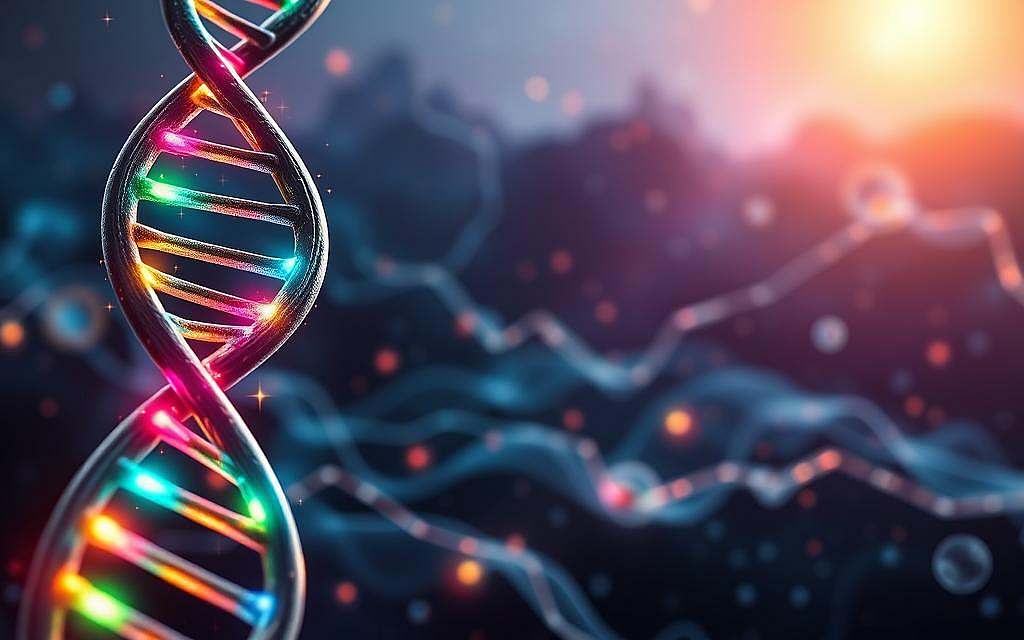 A visually striking representation of epigenetics and gene expression, featuring a close-up of a double helix DNA strand intertwined with colorful, luminous molecular structures that symbolize epigenetic modifications. In the foreground, soft glowing signals highlight active genes, while in the middle ground, cells show dynamic interactions with their environments, surrounded by a vibrant network of neural connections to illustrate consciousness. The background fades into a serene atmosphere, featuring abstract representations of cellular landscapes and flowing streams of energy, with a gentle, ethereal lighting that casts soft reflections on the DNA strands. The overall mood is one of empowerment and enlightenment, conveying the idea of intelligent cells adapting and thriving beyond genetic limitations. A visually striking representation of epigenetics and gene expression, featuring a close-up of a double helix DNA strand intertwined with colorful, luminous molecular structures that symbolize epigenetic modifications. In the foreground, soft glowing signals highlight active genes, while in the middle ground, cells show dynamic interactions with their environments, surrounded by a vibrant network of neural connections to illustrate consciousness. The background fades into a serene atmosphere, featuring abstract representations of cellular landscapes and flowing streams of energy, with a gentle, ethereal lighting that casts soft reflections on the DNA strands. The overall mood is one of empowerment and enlightenment, conveying the idea of intelligent cells adapting and thriving beyond genetic limitations.