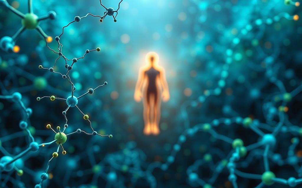 A visually striking representation of the "Mind-Body Connection at the Molecular Level." In the foreground, intricate molecular structures entwined with glowing neural pathways illustrate the connection between mind and body, showcasing vibrant colors like electric blues and greens. The middle ground features a streamlined, abstract humanoid silhouette, highlighted by soft, ambient lighting, symbolizing consciousness and awareness. In the background, an ethereal landscape of softly blurred biochemical reactions and DNA strands weaves a sense of harmony and unity. The overall composition should convey a serene and enlightening atmosphere, emphasizing the interconnectivity of thoughts and biology, using a wide-angle lens perspective that draws viewers into the intricate relationship at play. A visually striking representation of the "Mind-Body Connection at the Molecular Level." In the foreground, intricate molecular structures entwined with glowing neural pathways illustrate the connection between mind and body, showcasing vibrant colors like electric blues and greens. The middle ground features a streamlined, abstract humanoid silhouette, highlighted by soft, ambient lighting, symbolizing consciousness and awareness. In the background, an ethereal landscape of softly blurred biochemical reactions and DNA strands weaves a sense of harmony and unity. The overall composition should convey a serene and enlightening atmosphere, emphasizing the interconnectivity of thoughts and biology, using a wide-angle lens perspective that draws viewers into the intricate relationship at play.