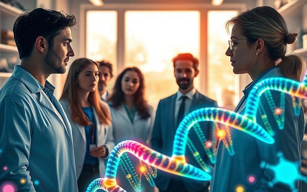 A vivid and thought-provoking image illustrating the interplay between beliefs and cellular biology, featuring a serene laboratory environment. In the foreground, a diverse group of scientists in professional attire, engaged in discussions, with expressions of curiosity and determination. The middle ground showcases intricate, glowing cellular structures, emphasizing epigenetics—DNA strands intertwined with vibrant colors symbolizing belief systems. The background presents a soft-focus view of a large window, allowing natural light to stream in, creating a warm, uplifting atmosphere. The overall mood is one of empowerment and enlightenment, captured with a slightly elevated perspective that invites the viewer into this inspiring scene, highlighting the transformative power of beliefs in science. The composition should evoke a sense of wonder, discovery, and the interconnectedness of consciousness and cell biology. A vivid and thought-provoking image illustrating the interplay between beliefs and cellular biology, featuring a serene laboratory environment. In the foreground, a diverse group of scientists in professional attire, engaged in discussions, with expressions of curiosity and determination. The middle ground showcases intricate, glowing cellular structures, emphasizing epigenetics—DNA strands intertwined with vibrant colors symbolizing belief systems. The background presents a soft-focus view of a large window, allowing natural light to stream in, creating a warm, uplifting atmosphere. The overall mood is one of empowerment and enlightenment, captured with a slightly elevated perspective that invites the viewer into this inspiring scene, highlighting the transformative power of beliefs in science. The composition should evoke a sense of wonder, discovery, and the interconnectedness of consciousness and cell biology.