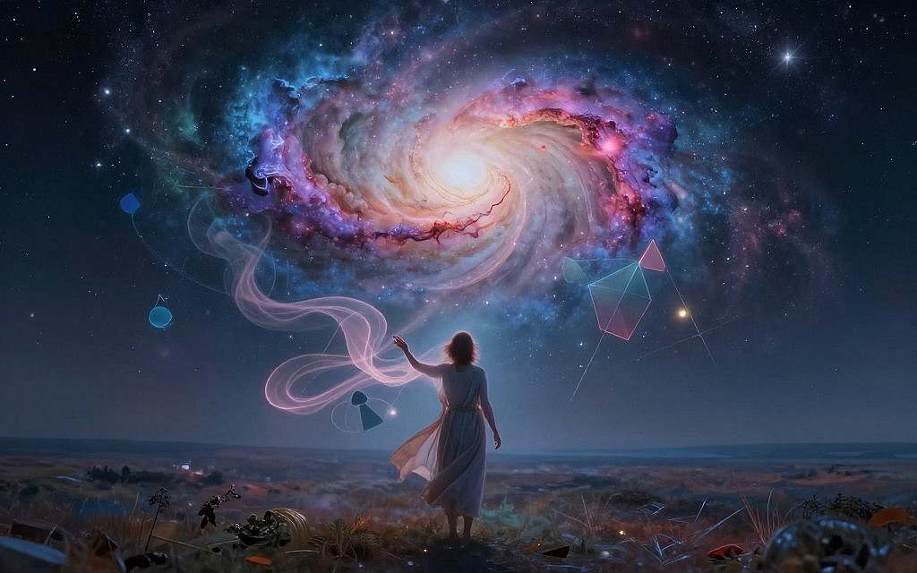 Create a surreal and thought-provoking image representing "Metaphysik" that conveys a sense of depth beyond physical reality. In the foreground, depict an ethereal figure in modest, flowing attire, reaching towards a swirling galaxy of vibrant colors symbolizing consciousness and existence. In the middle ground, include abstract geometric shapes and soft wisps of light that appear to pulse with energy, intertwining with the figure's outstretched hand. The background should feature a dreamlike landscape with a horizon merging into a starry night sky, invoking a sense of wonder and mystery. Use soft, ambient lighting to enhance the tranquil atmosphere, with a slight vignette to draw focus towards the center. Capture this with a wide-angle lens to encompass the expanse of the metaphysical realm, inviting viewers to explore the depths of existence. Create a surreal and thought-provoking image representing "Metaphysik" that conveys a sense of depth beyond physical reality. In the foreground, depict an ethereal figure in modest, flowing attire, reaching towards a swirling galaxy of vibrant colors symbolizing consciousness and existence. In the middle ground, include abstract geometric shapes and soft wisps of light that appear to pulse with energy, intertwining with the figure's outstretched hand. The background should feature a dreamlike landscape with a horizon merging into a starry night sky, invoking a sense of wonder and mystery. Use soft, ambient lighting to enhance the tranquil atmosphere, with a slight vignette to draw focus towards the center. Capture this with a wide-angle lens to encompass the expanse of the metaphysical realm, inviting viewers to explore the depths of existence.
