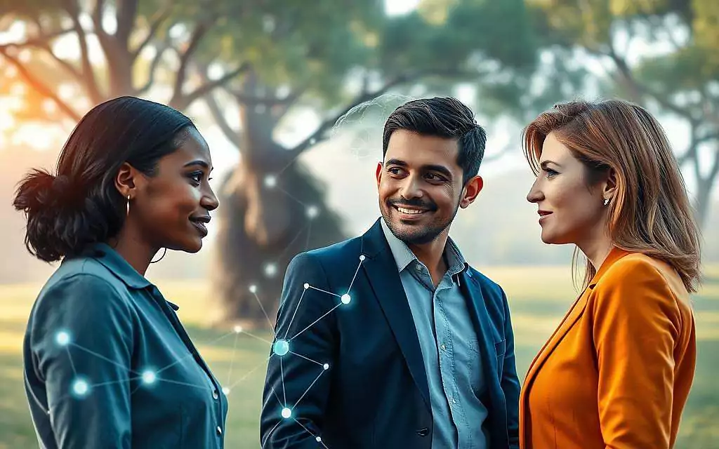 In a vibrant and interconnected scene, depict a diverse group of three people in professional attire – a Black woman, a Hispanic man, and a Caucasian woman – engaged in a deep and empathetic conversation. In the foreground, their expressions reflect understanding and compassion, capturing the essence of empathy. In the middle ground, an abstract representation of neural pathways and brain networks visually reflects the neurobiological foundations of empathy; glowing synapses illuminate the connections among them. The background showcases a soft, serene landscape symbolizing a peaceful social environment, with gentle light filtering through trees, creating a warm and inviting atmosphere. Use a wide-angle lens to enhance depth and focus on the emotional connection between the figures, while maintaining a harmonious color palette of soft blues and greens to evoke tranquility.