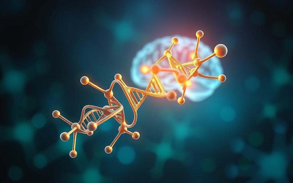 NAD coenzyme represented as a glowing molecular structure in the foreground, intricately designed with dynamic, intertwined strands simulating DNA and neurons. In the middle ground, softly illuminated brain neurons, symbolizing neuroprotection, are interconnected with flowing energy lines that suggest vitality and health. The background features a gradient of deep blues and vibrant greens, evoking a serene yet powerful atmosphere. The lighting casts a soft, ethereal glow on the molecular structure, highlighting its significance. The scene is captured from a slightly elevated angle, offering a professional and enlightening perspective on the relationship between NAD and neuroprotection. The overall mood is one of hope and innovation, clearly emphasizing the importance of NAD in promoting energy and brain health. NAD coenzyme represented as a glowing molecular structure in the foreground, intricately designed with dynamic, intertwined strands simulating DNA and neurons. In the middle ground, softly illuminated brain neurons, symbolizing neuroprotection, are interconnected with flowing energy lines that suggest vitality and health. The background features a gradient of deep blues and vibrant greens, evoking a serene yet powerful atmosphere. The lighting casts a soft, ethereal glow on the molecular structure, highlighting its significance. The scene is captured from a slightly elevated angle, offering a professional and enlightening perspective on the relationship between NAD and neuroprotection. The overall mood is one of hope and innovation, clearly emphasizing the importance of NAD in promoting energy and brain health.