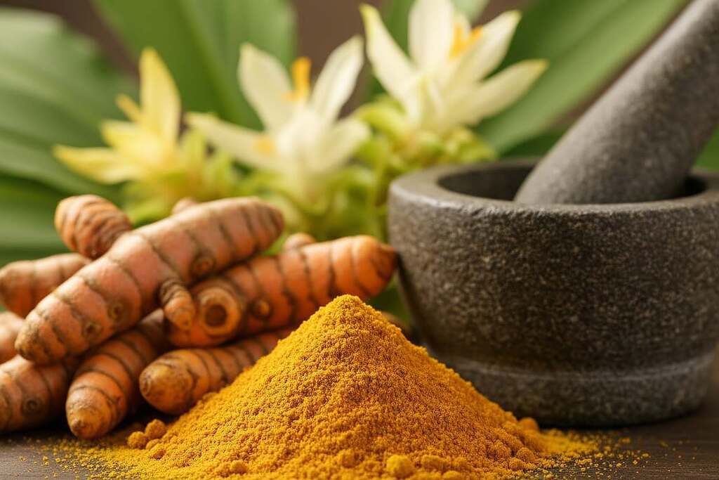 A beautiful arrangement of vibrant yellow turmeric roots, showcasing their rough, textured surface and bright color. In the foreground, a heap of ground turmeric powder, golden and fine, glistens under soft, warm lighting that emphasizes its rich hue. In the middle ground, a mortar and pestle carved from dark stone sits next to the roots, suggesting traditional use. The background features lush green leaves and delicate flowers, hinting at the plant's natural habitat. The atmosphere is tranquil and earthy, evoking a sense of healing and wellness. The image should be captured with a macro lens, highlighting the intricate details of the turmeric, and a slight depth of field to softly blur the background while keeping the foreground in crisp focus. A beautiful arrangement of vibrant yellow turmeric roots, showcasing their rough, textured surface and bright color. In the foreground, a heap of ground turmeric powder, golden and fine, glistens under soft, warm lighting that emphasizes its rich hue. In the middle ground, a mortar and pestle carved from dark stone sits next to the roots, suggesting traditional use. The background features lush green leaves and delicate flowers, hinting at the plant's natural habitat. The atmosphere is tranquil and earthy, evoking a sense of healing and wellness. The image should be captured with a macro lens, highlighting the intricate details of the turmeric, and a slight depth of field to softly blur the background while keeping the foreground in crisp focus.