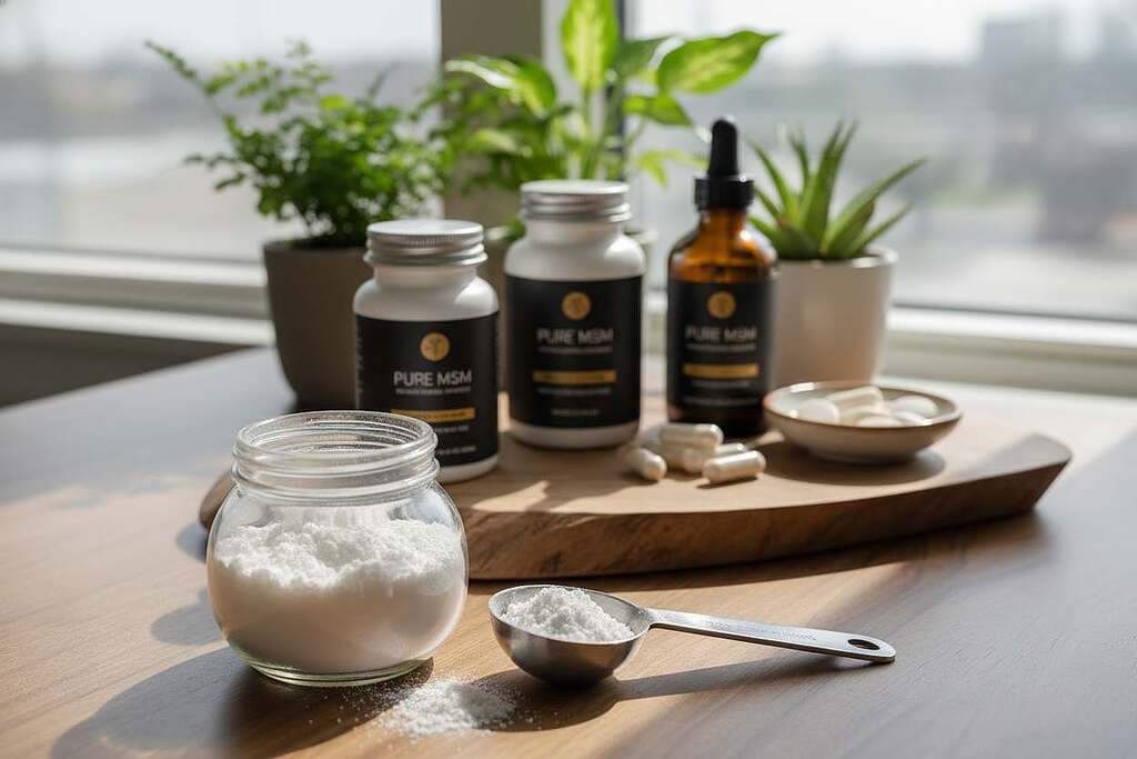 A beautifully arranged display of high-quality MSM products, including bottles and containers showcasing their purity and ingredients. In the foreground, a clear glass jar filled with white MSM powder reflects light, with a measuring scoop beside it. The middle ground features a variety of MSM supplements, such as capsules and tablets, elegantly presented on a polished wooden surface. In the background, soft, natural light streams in from a nearby window, creating a warm and inviting atmosphere. Fresh green plants are subtly placed behind the products, symbolizing health and vitality. The composition should evoke a sense of trust and professionalism, highlighting the importance of quality in health and beauty products. The image is captured from a slight overhead angle, focusing on the textures and clarity of the products, emphasizing their quality and purity.