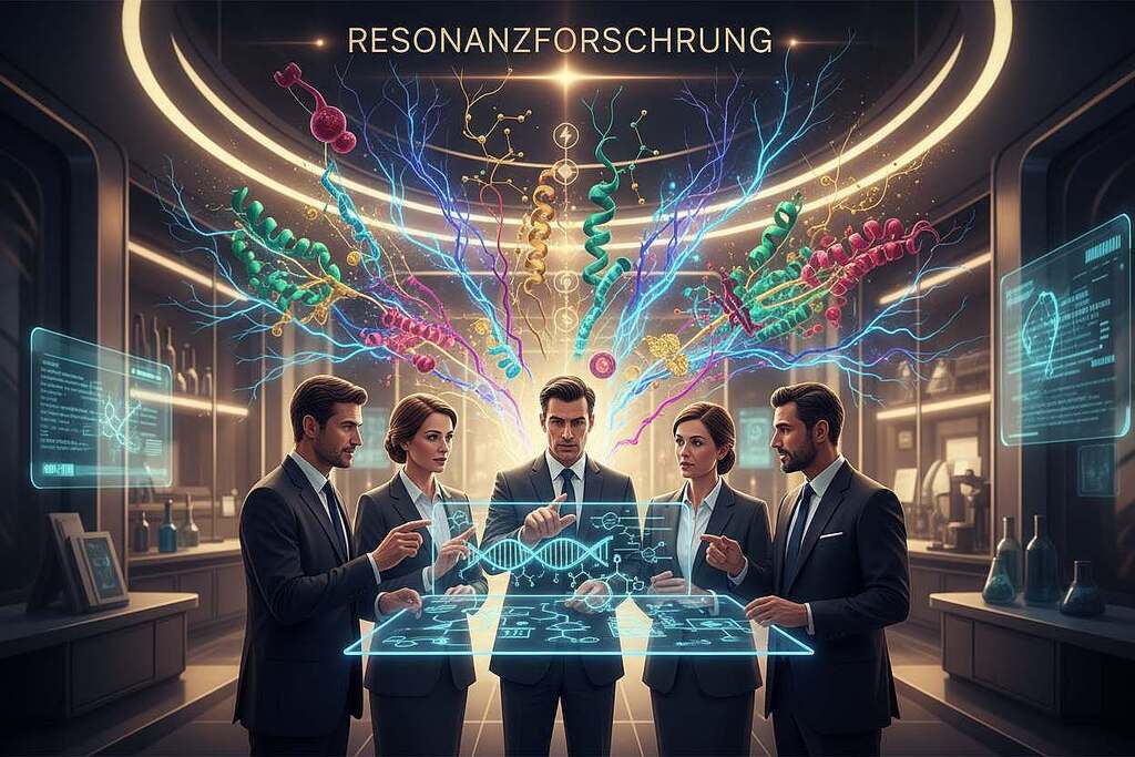 A captivating illustration of "resonanzforschung" showcasing the interplay of bioelectricity and biochemistry. In the foreground, a diverse group of professionals in smart business attire engaged in lively discussion, their hands gesturing towards a dynamic, glowing molecular diagram. In the middle ground, intricate representations of bioelectrical pathways and biochemical structures illuminating with vibrant colors, symbolizing the fusion of life and energy. The background features an ethereal laboratory environment with sleek, modern technology and soft, ambient lighting that casts a warm glow, enhancing a sense of discovery and ethical responsibility. The overall mood is collaborative and innovative, reflecting an atmosphere of scientific exploration and integrity. The camera angle is slightly elevated to capture the energy and focus of the professionals as they engage with the visual elements around them.