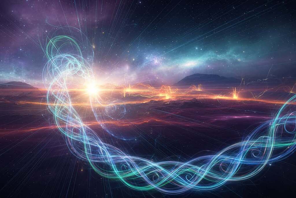 A captivating visualization of electromagnetic phenomena, showcasing colorful, dynamic waves and abstract shapes emanating from a central point, symbolizing energy and interaction. In the foreground, intricate representations of electric and magnetic field lines intertwine, gently glowing in shades of blue and green. The middle ground features a semi-abstract landscape with subtle patterns of light bursts and color gradients that imply movement and depth. The background fades into a cosmic scene with hints of stars and distant nebulas, creating an ethereal atmosphere. Soft, ambient lighting highlights the vibrancy of the colors while maintaining a scientific yet artistic feel. The angle of the view is slightly elevated, allowing a comprehensive perspective of the electromagnetic interactions, evoking a sense of wonder and curiosity about the subject.