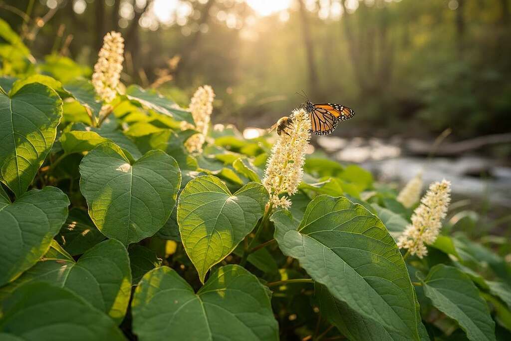 A close-up image of Japanese Knotweed (Fallopia japonica), focusing on its distinct, broad green leaves and clusters of delicate white flowers. The foreground is filled with vibrant green leaves glistening in the soft sunlight, highlighting their texture and details. In the middle ground, a few flower clusters bloom, attracting small pollinators like bees or butterflies. The background features a blurred natural setting, perhaps with a hint of a serene water source or distant greenery to suggest its native habitat. The lighting is natural and warm, evoking a peaceful, healing atmosphere. The composition should have a gentle depth of field, providing a calming and inviting feel to the image, suitable for illustrating the medicinal properties of this remarkable plant. A close-up image of Japanese Knotweed (Fallopia japonica), focusing on its distinct, broad green leaves and clusters of delicate white flowers. The foreground is filled with vibrant green leaves glistening in the soft sunlight, highlighting their texture and details. In the middle ground, a few flower clusters bloom, attracting small pollinators like bees or butterflies. The background features a blurred natural setting, perhaps with a hint of a serene water source or distant greenery to suggest its native habitat. The lighting is natural and warm, evoking a peaceful, healing atmosphere. The composition should have a gentle depth of field, providing a calming and inviting feel to the image, suitable for illustrating the medicinal properties of this remarkable plant.