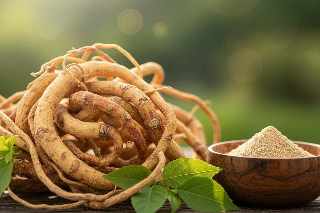 A close-up of Astragalus membranaceus roots, showcasing their distinct, twisted, and fibrous structure, illuminated with soft, natural light to highlight their earthy tones. In the foreground, delicate green leaves are interspersed, adding a touch of vitality. The middle ground features a small wooden bowl filled with powdered Astragalus, hinting at its use in traditional medicine. The background consists of a subtly blurred landscape of a tranquil Chinese herbal garden, with soft bokeh effects, evoking an atmosphere of serenity and holistic healing. The overall mood is warm and inviting, with an emphasis on the natural essence of the herbal remedy, captured with a macro lens to show intricate details. A close-up of Astragalus membranaceus roots, showcasing their distinct, twisted, and fibrous structure, illuminated with soft, natural light to highlight their earthy tones. In the foreground, delicate green leaves are interspersed, adding a touch of vitality. The middle ground features a small wooden bowl filled with powdered Astragalus, hinting at its use in traditional medicine. The background consists of a subtly blurred landscape of a tranquil Chinese herbal garden, with soft bokeh effects, evoking an atmosphere of serenity and holistic healing. The overall mood is warm and inviting, with an emphasis on the natural essence of the herbal remedy, captured with a macro lens to show intricate details.