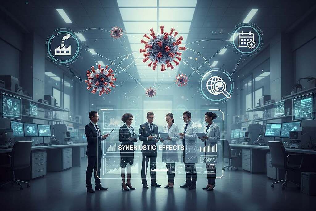 A conceptual illustration depicting "Synergistic Effects and Risk Factors" related to virology. In the foreground, a diverse group of professionals in business attire—scientists and researchers—discussing and analyzing data on a clear digital screen displaying interconnected graphs and models. The middle ground features stylized representations of virus structures, particularly the SARS-CoV-2 spike protein, interlinked with various risk factors like environmental elements and demographics, visualized as abstract icons. The background includes a laboratory setting, well-lit with soft, focused lighting, emphasizing a sense of inquiry and caution. The mood is serious yet hopeful, suggesting collaboration in understanding complex biological interactions. Use a wide-angle perspective for depth.