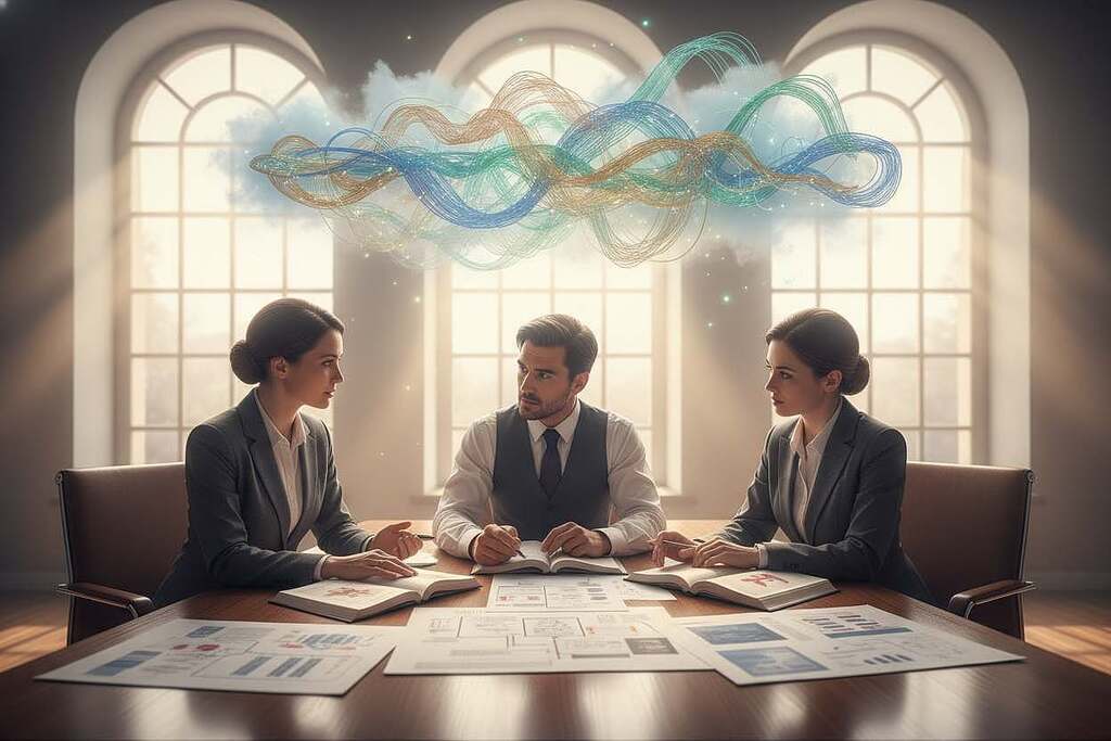 A conceptual image illustrating the theme of "deutungsmuster" with a focus on the complexity of interpreting illness. In the foreground, a diverse group of three professionals, dressed in business attire, are engaged in a thoughtful discussion around a table filled with open books and charts, symbolizing varying interpretations of health and illness. The middle layer features a blurred display of symbolic patterns and interconnected threads, representing the multifaceted nature of understanding diseases beyond simple definitions. In the background, soft light filters through large windows, creating a warm and inviting atmosphere that encourages reflection. The overall mood is contemplative and inspiring, emphasizing dialogue and exploration of deeper meanings without being rigid or dogmatic.
