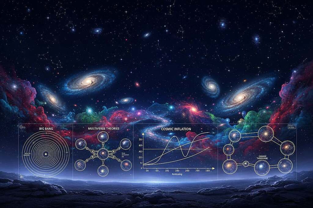 A cosmic landscape illustrating various cosmological models, with intricate diagrams of the Big Bang, multiverse theories, and cosmic inflation showcased in the foreground. In the middle ground, swirling galaxies and nebulae are artistically depicted, capturing the beauty and complexity of the universe's evolution. In the background, a starry night sky with distant stars and constellations adds depth and a sense of wonder. The lighting is ethereal, casting a soft glow on the diagrams, emphasizing their details and inviting viewer contemplation. The overall mood is introspective and awe-inspiring, encouraging reflection on the mysteries of existence and the cosmos. Use a wide-angle lens to create a sense of grandeur and perspective.