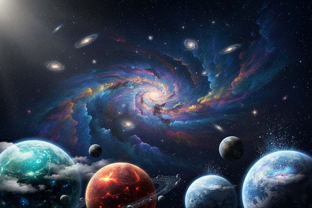 A cosmic scene showcasing the concept of life in the universe. In the foreground, a diverse array of planets and celestial bodies, each with unique atmospheric features and potential habitats, glimmer with ethereal light. In the middle ground, a vibrant nebula forms, swirling with colors of blue, purple, and gold, symbolizing the mystery of creation. The background features a vast, starry sky filled with clusters of galaxies, suggesting infinite possibilities. Soft beams of cosmic light illuminate the scene from an unseen source, casting gentle shadows that add depth. The mood is contemplative and awe-inspiring, inviting viewers to ponder the significance of life beyond Earth. The composition uses a wide-angle lens for an expansive view, with a focus on intricate details in each celestial element.
