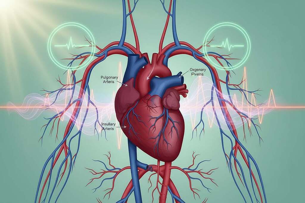 A detailed anatomical illustration of the human heart and circulatory system, highlighting key components like arteries, veins, and the heart itself in a vibrant, educational style. In the foreground, emphasize the heart with arteries and veins in rich red and blue hues, showing blood flow dynamics. The middle ground features an abstract representation of metabolic processes, such as insulin and blood pressure dynamics, symbolized through subtle energy waves and contrasting colors, indicating balance and imbalance. In the background, a soft-focus gradient of greens and blues invokes a sense of vitality and health, with light streaming from a slightly above angle, creating a bright, enlightening atmosphere. The composition should radiate a sense of holistic healing and interconnectedness, promoting a balanced view of cardiovascular and metabolic health.