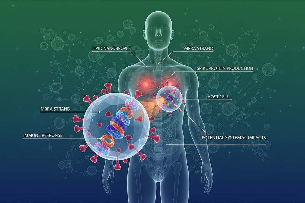A detailed and scientific illustration focusing on the concept of mRNA vaccines and their risks. In the foreground, a representation of mRNA strands, depicted as colorful, intertwined ribbons, enclosed within a transparent virus-like structure, symbolizing their function. The middle ground features a diagrammatic illustration of a human silhouette, emphasizing the interaction between the mRNA and spike proteins, with highlighted areas indicating potential impact points. In the background, a gradient of dark blues and greens to reflect a clinical atmosphere, with molecular structures softly illuminated. The lighting should be soft yet focused, creating an educational and serious mood. The overall composition should convey a sense of depth and complexity, inviting curiosity about the science behind mRNA vaccines without any human subjects or explicit details.