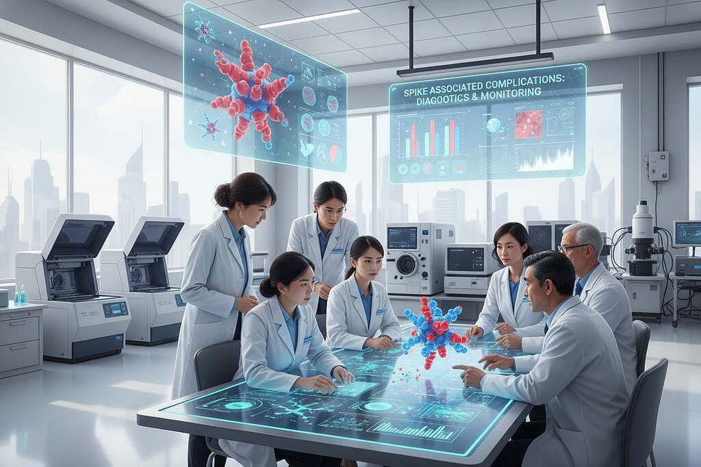 A detailed and scientific illustration showcasing the diagnostics and monitoring of spike-associated complications from the SARS-CoV-2 spike protein. In the foreground, include a diverse group of professionals in lab coats, examining data on digital screens and discussing findings in a modern laboratory. The middle ground features advanced diagnostic equipment, like PCR machines and flow cytometers, along with colorful graphical representations of spike proteins and their interactions. In the background, large windows allow natural light to illuminate the lab, creating a bright and clinical atmosphere. The mood is focused and professional, highlighting the importance of research and innovation in understanding viral complications. Use a clear focus with a slight depth of field to emphasize the forefront discussions while keeping the background context informative.
