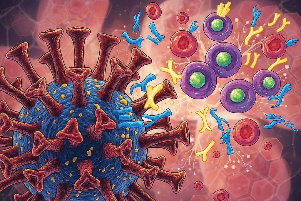 A detailed and vibrant illustration representing the interaction between spike proteins and the immune system. In the foreground, prominently display a colorful depiction of the SARS-CoV-2 spike protein, showcasing its distinctive crown-like structure with intricate details. The middle ground features various immune cells such as T-cells and antibodies in an animated, dynamic engagement with the spike protein, depicting their role in the immune response. The background should include a soft-focus representation of human cells, enhancing the biological context. Utilize bright, contrasting colors to evoke a sense of urgency and importance, with soft lighting highlighting the proteins’ textures. The mood should be scientific yet engaging, aiming to educate viewers on this vital interaction in a clear, visually appealing way.